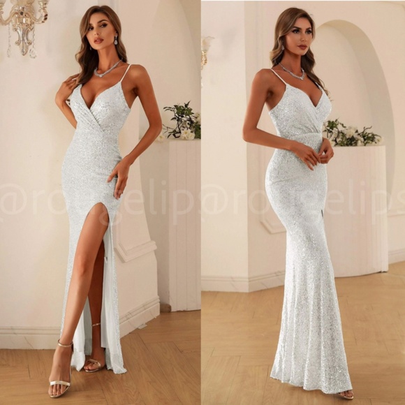 Rouge! Dresses & Skirts - All Over Sequin White Silver Maxi Dress Sheath V-Neck Overlap High Leg Slit